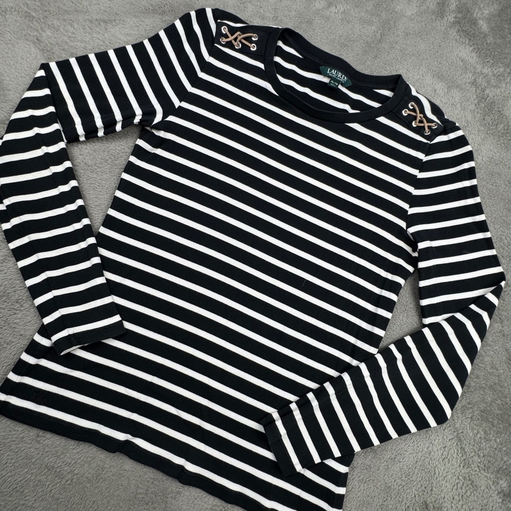 Lauren Ralph Lauren Top Women XL Black White Excellent Striped Lace-up Shoulder
